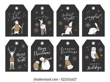 Vector big collection of hand written Christmas phrases and quotes. Elegant calligraphic lettering tags, cards. Cute winter Christmas elements.