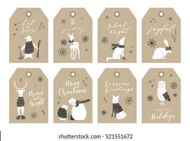 Vector big collection of hand written Christmas phrases and quotes. Elegant calligraphic lettering tags, cards. Cute winter Christmas elements.
