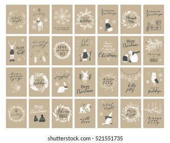 Vector big collection of hand written christmas phrases and quotes. Elegant calligraphic lettering cards. Cute winter graphic elements.