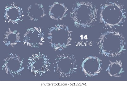 Vector big collection of hand written christmas phrases and quotes. Elegant calligraphic lettering phrases with pastel wreaths. 