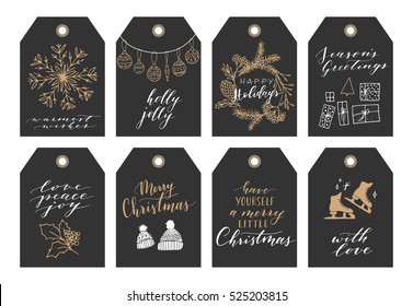 Vector big collection of hand written christmas phrases and quotes. Elegant calligraphic lettering tags, cards. Cute winter graphic elements.