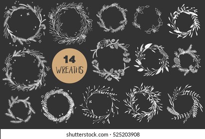 Vector big collection of hand written christmas phrases and quotes. Elegant calligraphic lettering phrases with pastel wreaths. 