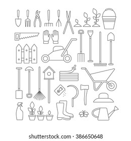 Vector big collection of line gardening tools icons. Rack, pitchfork, hose, wheelbarrow, watering can, cutter, fork, lawn, pruner, secateurs, shovel, spade and more.