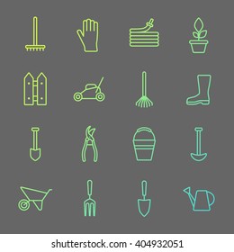 Vector big collection of line gardening tools icons. Rack, hose, wheelbarrow, watering can, cutter, fork, protective gloves, lawn, pruner, secateurs, shovel, spade, bucket, scissors, hoe.