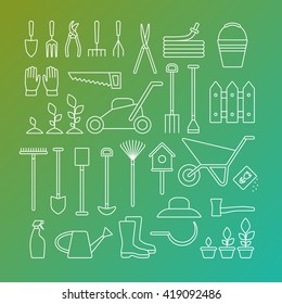 Vector big collection of line gardening tools icons. Rack, pitchfork, hose, wheelbarrow, watering can, cutter, fork, lawn, pruner, secateurs, shovel, spade and more.