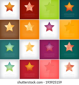 Vector big collection of star icons in different styles. Striped background, polygonal texture, cut out with inner shadow
