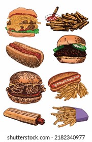 Vector big color set of fast food on white isolated, junk food elements. French fries, burger,hot dog