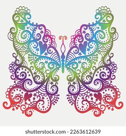 Vector big colorful  gradient butterfly and vintage swirls isolated white background