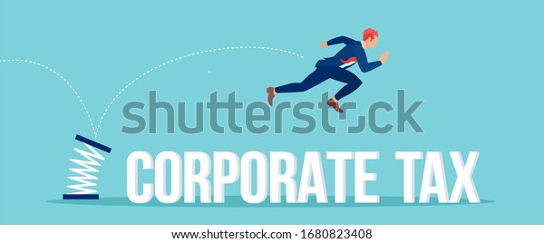 Vector of a big company executive jumping over a\
corporate tax