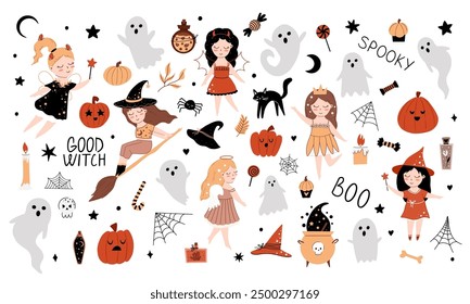 Vector big cute halloween collection. Magic baby set with fairy, pumpkin, ghost, witch, candle, skull, web, potion, elixir, candy, spider, star, cauldron. Isolated on white background