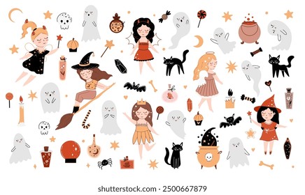 Vector grande linda colección de Halloween. Conjunto de bebé mágico con hada, calabaza, fantasma, bruja, vela, cráneo, poción, elixir, caramelo, araña, estrella, caldero. Aislado en el fondo blanco