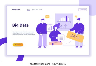 Vector big data web page banner concept  design template with big modern flat line people holding charts. Research and analytics illustration with graphs