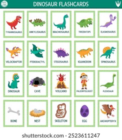 Vector big dinosaur flash cards set with t-rex, triceratops, pterosaur. English language game with ancient animals for kids. Prehistoric flashcards. Educational printable worksheet with cute dino