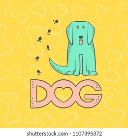 Vector big dog funny caricature animal cartoon character. Contour flat bright pet isolated colorful sketch illustration. Seamless background with bones, inscription and heart.