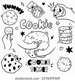 Vector big doodle set of cookies with black line, lettering for coffee shop logo, pastry shop, bakery, branding, print