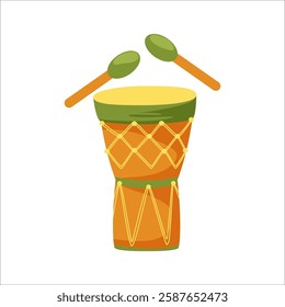 Vector big drum with drumsticks on a white background. Musical instrument for music school, carnival, holiday, street parade. Isolated.