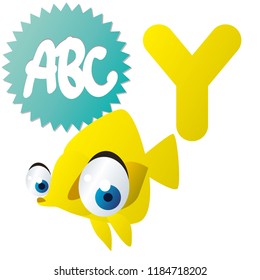 Vector big eyed animals illustration. Funny cute animal alphabet characters  for kidsin vector.  Y is for yellow tang fish