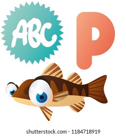 Vektorgrafik mit großen Augen. Hübsches, niedliches Tieralphabet für Kinder in Vektorgrafik. P ist für Perch
