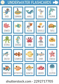 Vector big flash cards set with water animals, seaweeds, fishes, submarine, diver. English language game with cute underwater symbols for kids. Ocean life flashcards. Simple printable worksheet
