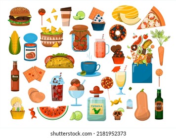 Vector big Food set. Flat icons set. Menu Restaurant, carts, sale, ads. Cartoon illustration of healthy food, fast food, mexican, fruits, vegetables. Logotype Symbol Design