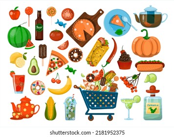 Vector big Food set. Flat icons set. Menu Restaurant, carts, sale, ads. Cartoon illustration of healthy food, fast food, mexican, fruits, vegetables. Logotype Symbol Design