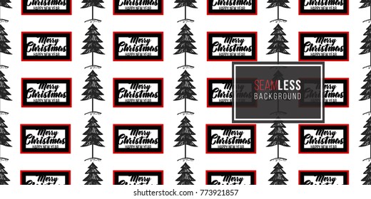 Vector big forest fir and Merry Christmas frame seamless pattern. Xmas and happy new year greeting card backdrop design. Retro hand drawn flat art on white background.