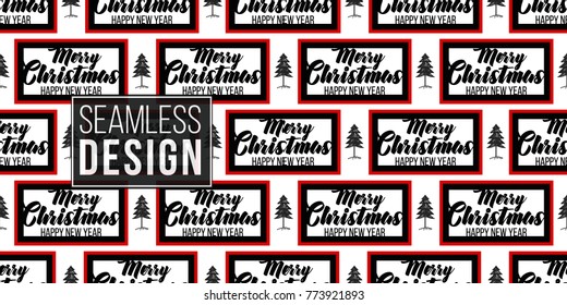 Vector big forest fir and Merry Christmas frame seamless pattern. Xmas and happy new year greeting card backdrop design. Retro hand drawn flat art on white background.