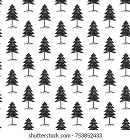 Vector big forest fir seamless pattern. Merry Christmas and happy new year greeting card backdrop design. Retro hand drawn flat art on white background.