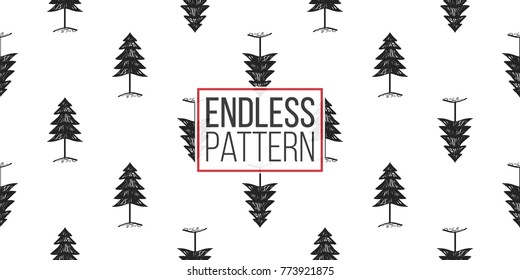 Vector big forest fir seamless pattern. Merry Christmas and happy new year greeting card backdrop design. Retro hand drawn flat art on white background.