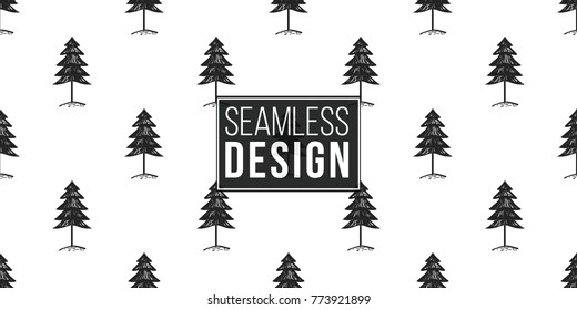 Vector big forest fir seamless pattern. Merry Christmas and happy new year greeting card backdrop design. Retro hand drawn flat art on white background.