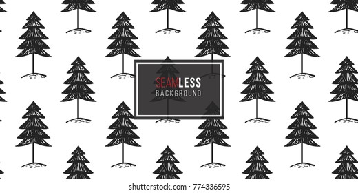 Vector big forest fir seamless pattern. Merry Christmas and happy new year greeting card backdrop design. Retro hand drawn flat art on white background.