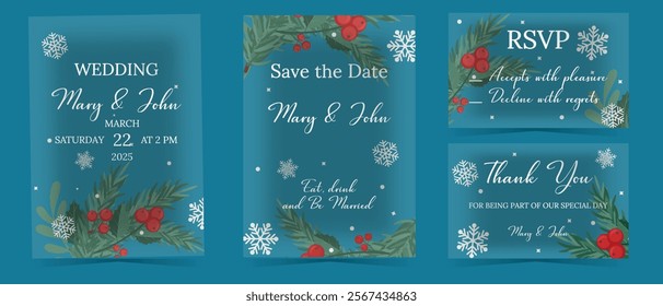 Vector big frosted glass wedding invitation template set with leaves, mistletoe, snowflake, holly berries, fir branches and golden text. Save the date, thank you, rsvp card with ornamental gold frame