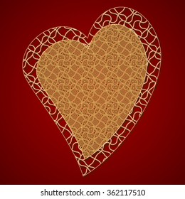 Vector. Big golden heart on an abstract red background. Elegant luxury pattern for Valentine's Day, Web, printing, background for wedding invitation, textiles, fabrics, romantic home decor.