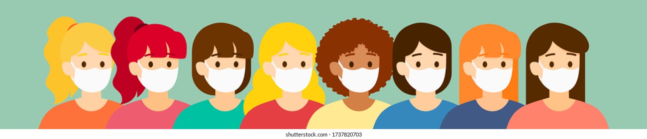 Vector big group of gorgeous women are wearing a medical mask to protect themself form COVID-19, the collection of gorgeous women, illustration