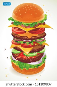 Vector BIG hamburger with cheese, lettuce, onion and meat