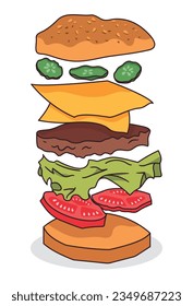 vector big hamburger graphic illustration.
Cartoon burger ingredients. Bun, cheese, pickle, sliced tomato. Fast food burgers constructor, sandwich ingredient vector set. 