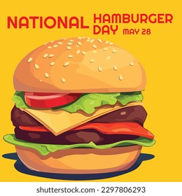 vector of big hamburger with shadow and red bold text national hamburger day may 28 isolated on yellow background