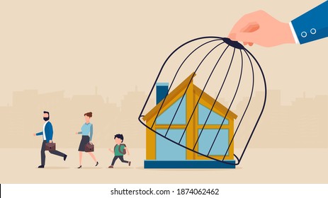 Vector Of A Big Hand Lifting A Cage Of House Letting Young Family To Go Back To Work And School After Coronavirus Lockdown 