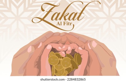 vector de las manos grandes a las manos pequeñas moslem apilado juntos dando monedas de dinero a zakat al-fitr con fondo adornado de oro árabe islámico