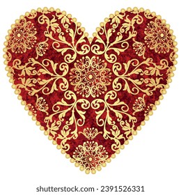 Vector big heart in grunge style with gold vintage pattern. Isolated on transparent background