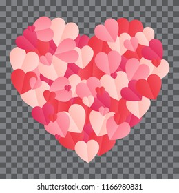 Vector big heart made from hearts shapes pink and red confetti on transparent background. Hearts form stardust. Happy Valentines Day frame