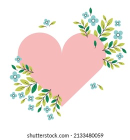 Vector big heart for valentine's day or wedding. Pink heart with floral ornament around. Isolated.