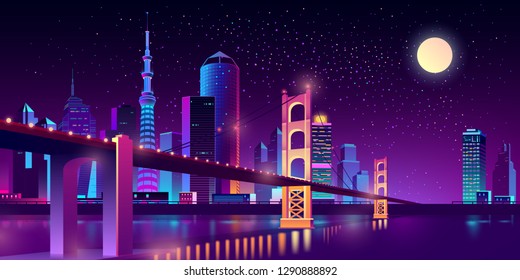 Vector big hinged bridge in modern megapolis on river. Night architecture background with bright glowing buildings in cartoon style. Urban skyscrapers in neon colors, town exterior.