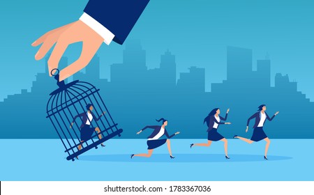 Vector Of A Big Man Hand Lifting Up Birdcage Helping Women To Escape From Imprisonment 