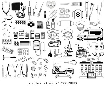 Vector big medical flat icons set. Outlines of Medical supplies, accessories and attributes. Stylized drawing for web site design, logo, app, UI. Isolated stock illustration on on white background