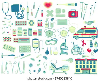 Vector big medical flat icons set. Medical supplies, accessories and attributes. Stylized drawing for your web site design, logo, app, UI. Isolated stock illustration on on white background