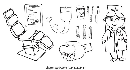 Vector big medical set in doodle style isolated. Vector outline illustration. Doctor, blood transfusion station, flasks, tests, medical chair, tests, medical history. Coloring book page. For booklets.