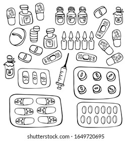 Vector big medical set in doodle style isolated. Pills, tablets, capsule, vitamins, antibiotics, treatment, syringe, injection, enema. Vector outline illustration. Coloring book page. For booklets.