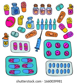 Vector. Big medical set in doodle style isolated. Pills, tablets, capsules, vitamins, antibiotics, treatment, syringe, injection, enema. Vector outline illustration.  