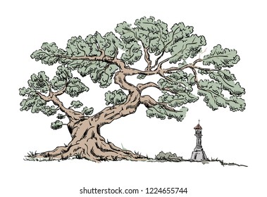 vector - Big old tree and Chapel - isolated on background